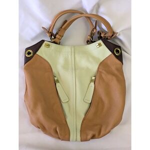 ORYANY Tri-Tone Pebbled Leather Hobo Bag Tan Cream Brown Gold Hardware